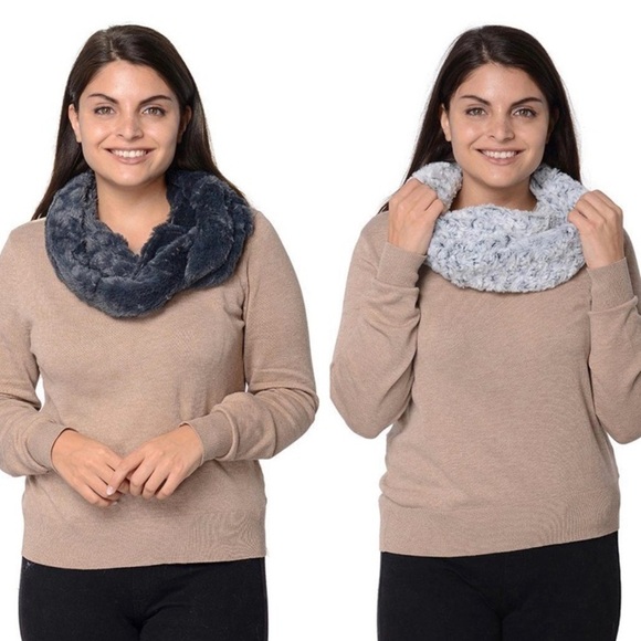 Set of 2 Gray Rose &Solid Faux Fur Infinity Scarf - Picture 1 of 5